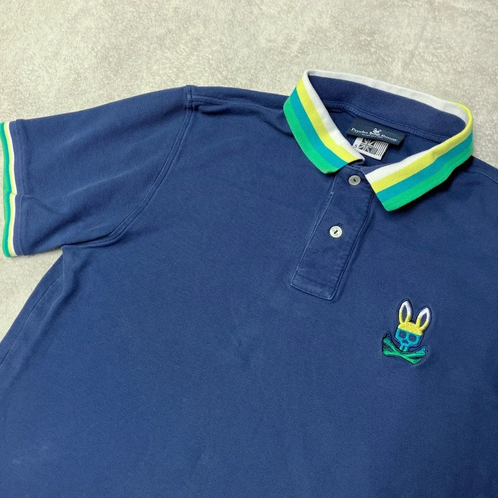 Psycho Bunny Polo Shirt Logo Navy Blue Striped Collar Peru Mens Size 5 L